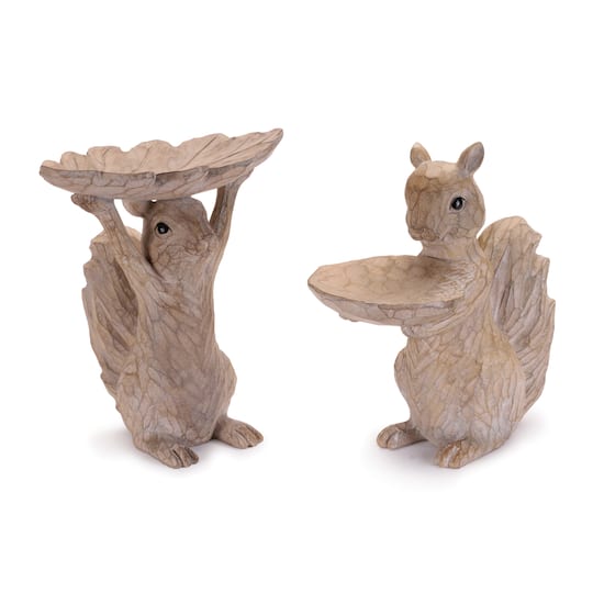 Beige Woodland Squirrel Resin Bird Feeder Set